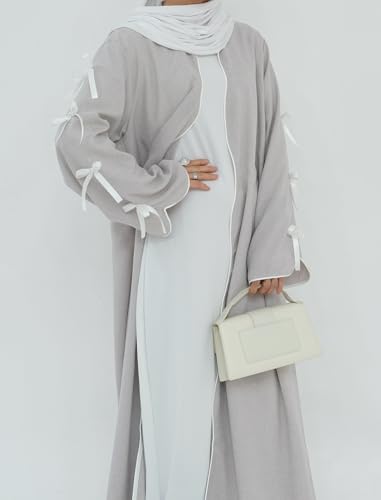 ODIZLI Women's Eid Abaya Dresses Long Sleeve Open Front Pearl Bowknot Prayer Dress Ramadan Cardigan Dubai Kaftan - color: Gray, size: Large