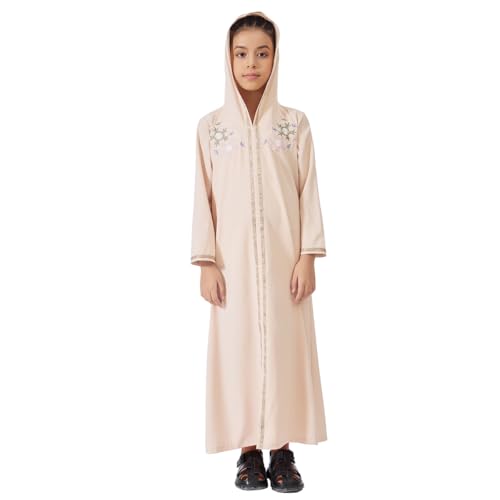 Kids Girls Abaya Muslim Eid Dress Gold Embroidered Lace Hooded Maxi Kaftan Robe Islamic Dubai Prayer Clothes - color: B-beige, size: 8 Years