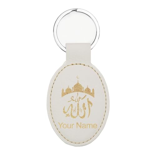 LaserGram Oval Keychain, Allah 2, Personalized Engraving Included (White with Gold) - color: White With Gold