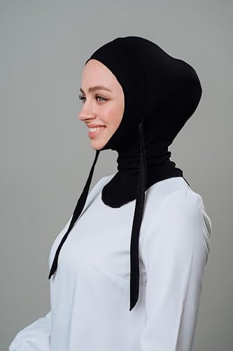Hijab Undercap with Ties for Secure Fit – Muslim Underscarf for Women - color: Black