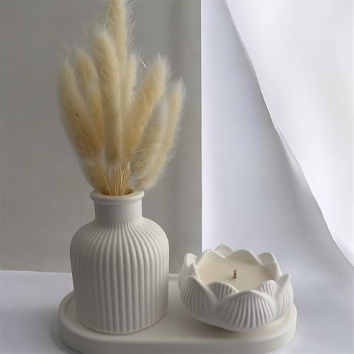 Minimalist Home Decor Set with Dried Flowers – Handmade Tray, Vase and Candle Holder – Modern Neutral Decorative Accent for Living Room, Bedroom or Bathroom