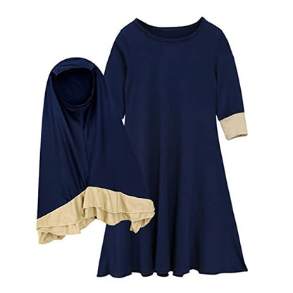 Kids Prayer Dress Muslim Clothes Outfits for Toddler Girls Long Sleeve Abaya with Hijab Two Piece Maxi Islamic Set - color: Blue, size: 18-24 Months
