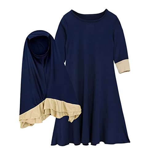 Kids Prayer Dress Muslim Clothes Outfits for Toddler Girls Long Sleeve Abaya with Hijab Two Piece Maxi Islamic Set - color: Blue, size: 3-4T