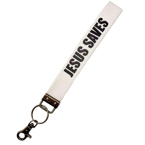Make Heaven Crowded Christian Keychain Cotton Wristlet Keychain Bronze Key Fob Soft Car Keychain Wristlet - color: Jesus Saves-white