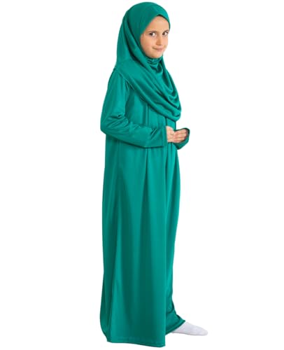 Prien Kids Prayer Dress Muslim Clothes for Girls Long Sleeve Abaya with Hijab Two Piece Maxi Islamic Set Scarf Kaftan Jilbab - color: Green