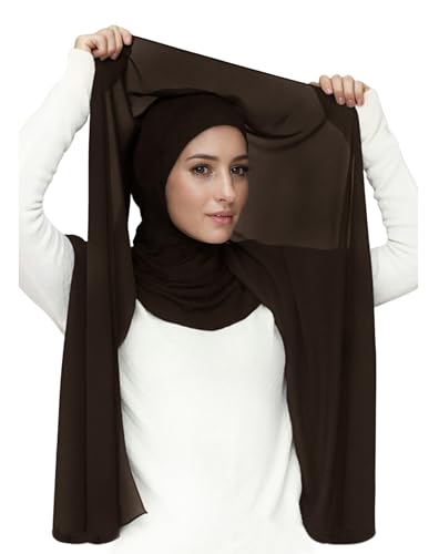 Lina & Lily Flowy Chiffon Instant Hijab Scarf Attached Jersey Ninja Undercap Full Coverage for Muslim Women - color: Dark Brown