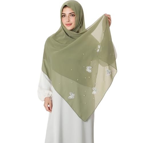 Muslim Prayer Hijab for Women Lightweight Pearl Chiffon Scarfs 3-D Butterfly Embroidery with Glitters Beads Islamic Hijab - color: Green