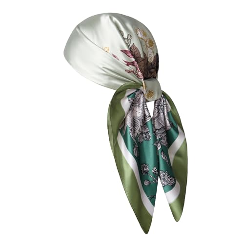 Silk-Feel 35x35 Satin Hair Scarf | Multi-Way Head Wrap for Sleep, Style & Hijab | Gift-Ready Fashion Scarf for Women - color: Green-flowers