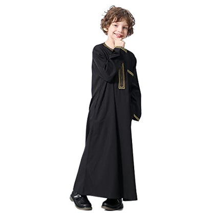 OBEEII Boy's Muslim Arab Solid Color Thobe Long Sleeve Kaftan Embroidered Robe Islamic Arabic Abaya Thobe - color: Black, size: 7-8 Years