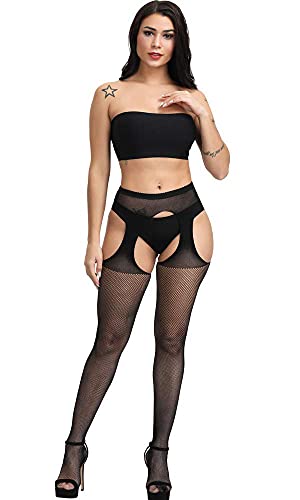 E-Laurels Womens High Waist Patterned Fishnet Tights Suspenders Pantyhose Thigh High Stockings Black - color: Black A6