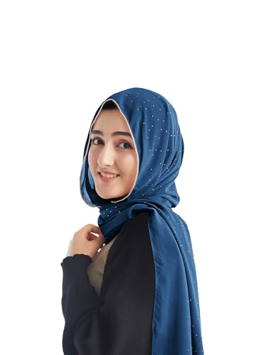 Hijab for Women Premium Chiffon Hijab Rhinestone Hijab Scraf for Women Muslim - color: Light Navy Blue