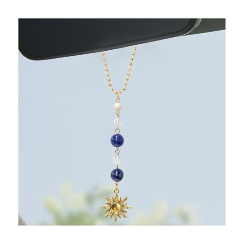 Sun Hanging Car Charm, Rear View Mirror Cute Boho Dangling Sun Car Decor Hanging Ornament, Handmade Healing Natural Crystals Stones Sun Catcher Mirror Pendant for Women Men (Dark Blue) - color: Dark Blue