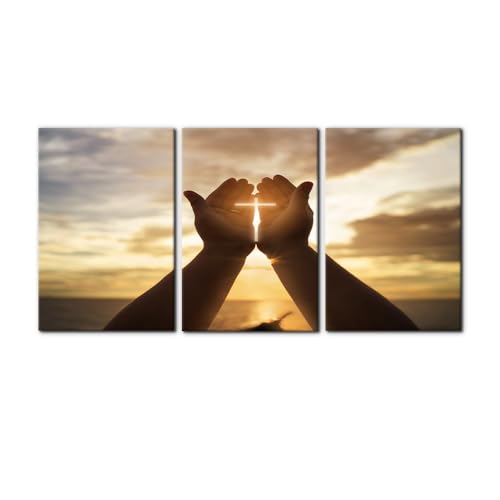 Pacimo Canvas Wall Art, Set of 3 Framed Art Prints, Jesus Hands Prayer Painting, Christian Crosses Print on Canvas Set, Sunset Modern Wall Decor for Bedroom Living Room Office Decor - 16"x24"x3 - color: Wallart-05, size: 16"x24"x3 Panels