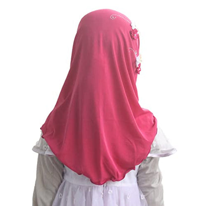 Instant Hijab for Kids Girls Hijabs Muslim Islamic Head Scarf with Rhinestone and Flowers - color: Rose Red