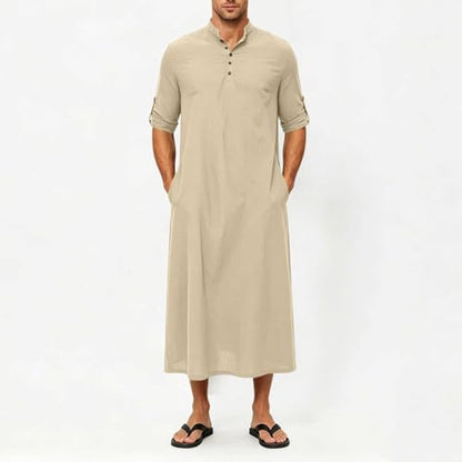 Men's Linen Kaftan Robe Button Down Long Sleeve Henley Collar Cotton Thobe Casual Loose Fit Stylish Gown Shirts - color: Khaki, size: Small