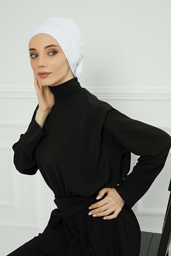 Aisha's Design Instant Turban Head Wraps for Women, Combed Cotton Scarf Lightweight Pre tied Hijab with Back Rose Detail - color: White