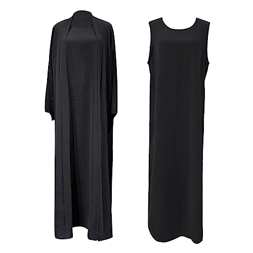 2PCS Women's Muslim Dresses Abaya Islamic Dubai Prayer Dress Robe Long Cardigan Maxi Dress - color: Black, size: Large