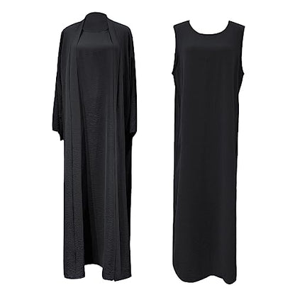 2PCS Women's Muslim Dresses Abaya Islamic Dubai Prayer Dress Robe Long Cardigan Maxi Dress - color: Black, size: Large