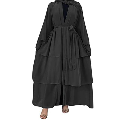 Muslim Chiffon Abaya for Women Open Front Cardigan Modest Dress with Hijab Scarf Middle East Arabian Robe Islamic Long Dress - color: Black, size: Small