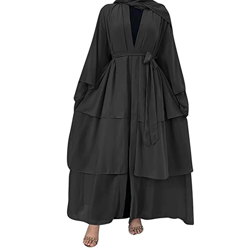 Muslim Chiffon Abaya for Women Open Front Cardigan Modest Dress with Hijab Scarf Middle East Arabian Robe Islamic Long Dress - color: Black, size: Large