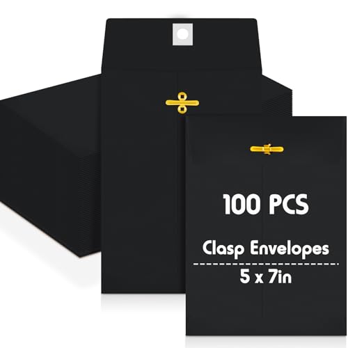 Geyee 100 Pcs 5 x 7 Inch Clasp Manilla Envelopes, Small Colored Kraft Envelopes with Gummed Clasp Closure for Weddings, Invitations, Greeting Cards, Mailing, Storing, Home Office Business (Black) - color: Black