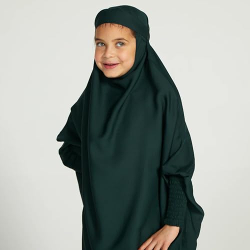 IDOPIP Muslim Dress for Girls One Piece Long Sleeve Islamic Prayer Dress with Hijab Casual Maxi Kaftan Abaya Gown Clothes - color: Green, size: 12-13 Years