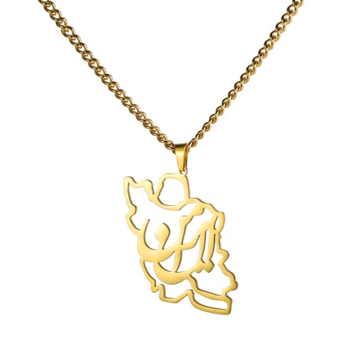 Iran Map Necklace Iranian Flag Persian Calligraphy Pendant Patriotic Heritage Pride Peace Jewelry Souvenir Series Gifts for Women Men - color: “ایران” - Iran gold