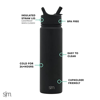 Simple Modern Insulated Water Bottle with Straw | 22oz | Black - color: - Midnight Black, style: 22oz