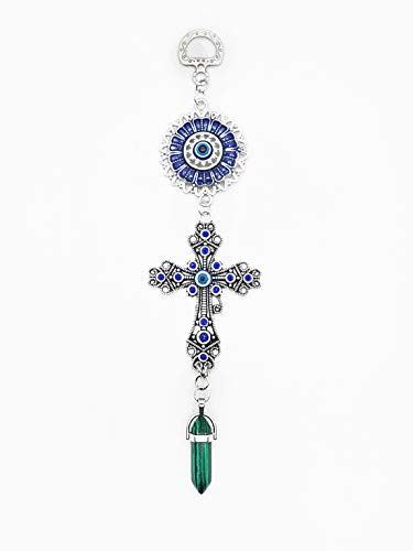 LUCKBOOSTIUM Blue Crystal Inlayed Cross & Blue Mandala Evil Eye Amulet w/Hanging Healing Stone - Nature, Energy, Rebirth, Growth Charms - Car & Home Charm Ornament (2"x8", Malachite) - color: Malachite