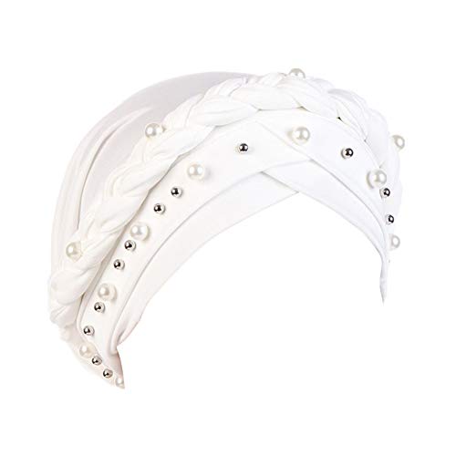 Fxhixiy Women Chemo Beanie Beaded Pearl Braid Turban Headwear for Hair Loss - color: White