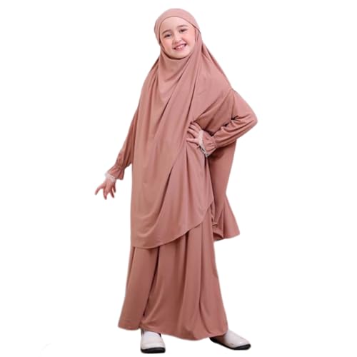 Kids Girls Muslim Islamic Two-piece Outfits Lace Long Sleeve Hijab Dress Abaya and Loose Skirt Full Cover Kaftan - color: Light Pink, size: 7-8 Years