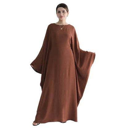 Abaya Muslim Women Dress Batwing Sleeve Loose Maxi Modest Islamic Clothes Prayer Dress with Hijab Scarf - color: Brown