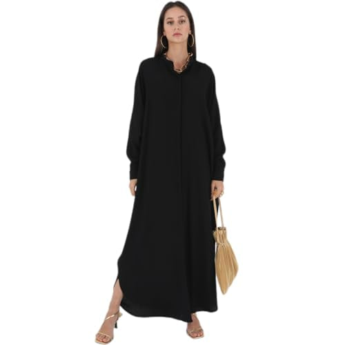 AWIBMK Women Abayas Dubai Kaftan Henley Shirt Prayer Maxi Dress Muslim Batwing Sleeve Ramadan Islamic Clothes - color: Black