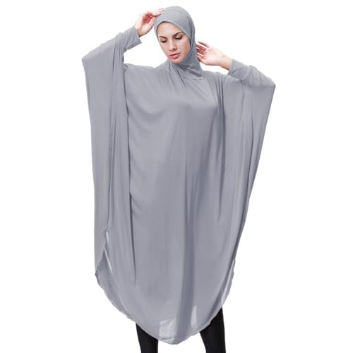 Muslim Abaya Dress for Women Highly Stretchy Batwing Hooded Prayer Hijab - color: Gray, size: Large