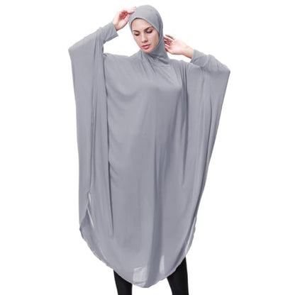 Muslim Abaya Dress for Women Highly Stretchy Batwing Hooded Prayer Hijab - color: Gray, size: Large