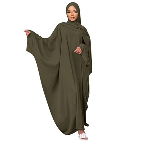 Muslim Dress for Women Pakistani Kaftan Abaya Robe + Hijab Arabic Islamic Prayer Clothes Dubai Outfits - color: Army Green Set