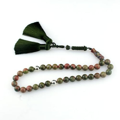 Muslims Islamic Dhikr 33 Tasbeeh Tasbih Prayer Beads, Flower Green Stone Beads with Tassel