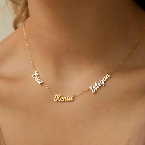 Ajiangwu 18K Gold Plated Name Necklace Personalized,Multiple Custom Name Necklace Family Necklace with Kids Names Customized Choker Necklace for Women - color: 3 Names