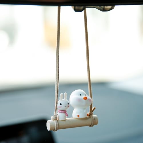 YGMONER Cute Swinging Chick & Bunny Car Rear View Mirror Hanging Accessories Funny Car Interior Decor Gifts for Women Men (Chick and Bunny) - color: Chick and Bunny