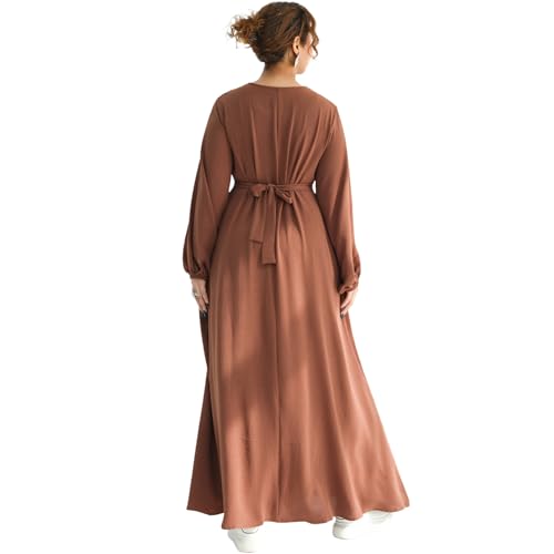 Muslim Women Abaya Dress Breathable Front Zipper&Pockets&Belt Prayer Robe - color: Coffee, size: X-Large