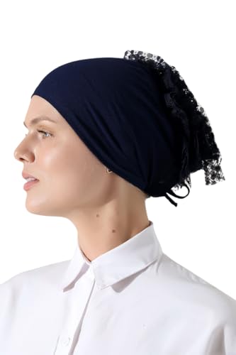 ihvan online Hijab Cap, Head Scarf Beanie, Volumizing Non Slip Head Wraps for Women, Hijab Undercap with Tie-Back Closure - color: Navy Blue
