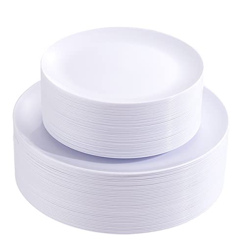 PULOTE 100PCS White Plastic Plates Disposable - Heavyweight 50 White Dinner & 50 Dessert/Salad Plates for Wedding, Party - color: White