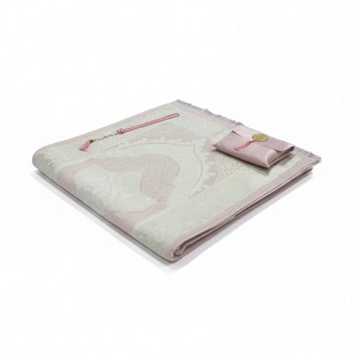 Muslim Prayer Rug and Beads with Elegant Slub Fabric Bag | Janamaz | Sajadah | Soft Islamic Prayer Rug | Islamic & Mawlid Gifts | Prayer Carpet Mat, Taffeta Fabric (Pink, 1 Sets) - color: Pink, size: 1 Sets