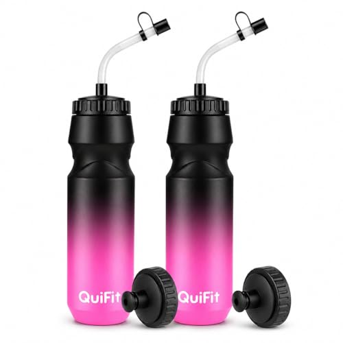 QuiFit Hockey Water Bottle with Long Straw -32oz Lacrosse Water Bottle 2 Pack with 2 Lids Each- BPA Free Squeeze Sports Water Bottles, Leakproof Dishwasher Safe- for Helmet,Lacrosse (Black Pink) - color: Black Pink