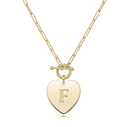 14K Gold Filled Heart Initial Necklace for Women, Dainty Alphabet Pendant Necklace with Paperclip Chain, Hypoallergenic Jewelry Gift for Her - color: Letter F