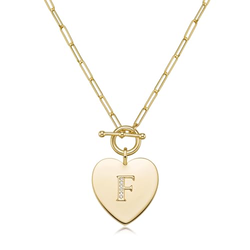 14K Gold Filled Heart Initial Necklace for Women, Dainty Alphabet Pendant Necklace with Paperclip Chain, Hypoallergenic Jewelry Gift for Her - color: Letter F