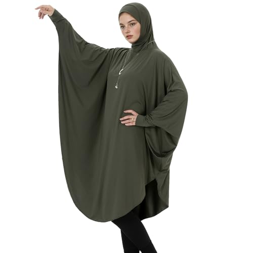 Muslim Abaya Dress for Women Highly Stretchy Batwing Hooded Prayer Hijab - color: Army Green, size: X-Large
