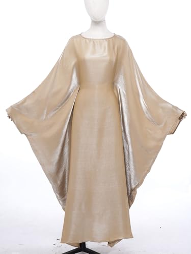 Shinsto Women Satin Prayer Dress Kaftan Robe Musulmane Femme Flashy Gown Luxury Party Wear Nightclub Outfit - color: Khaki, size: 2