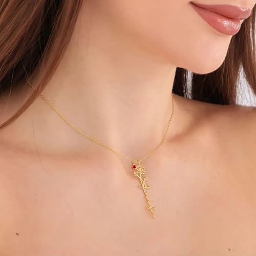 Elemtansy Custom Name Necklace with Birth Flower, Personalized Jewelry Necklaces for Women, 18K Gold Name Plate Necklaces Personalized Mothers Day Birthday Gifts for Women Sister Best Friend - color: 2-Name with Birth flower&Birthstone