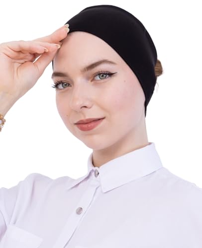 Prien Women Cotton Hijab Cap, Stretchy Head Cover, Pre-Sewn Inner Muslim Scarf Undercap, Non Slip Headband for Daily Wear - color: Black